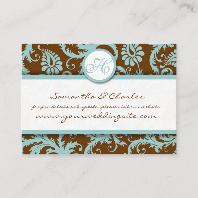 Aqua Blue Damask on Brown Damask Wedsite Cards (Front)