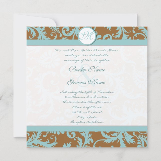 Aqua Blue Damask on Brown Wedding Invitation (Front)