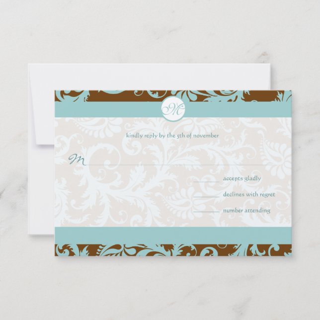 Aqua Blue Damask on Brown Wedding Invitation (Front)