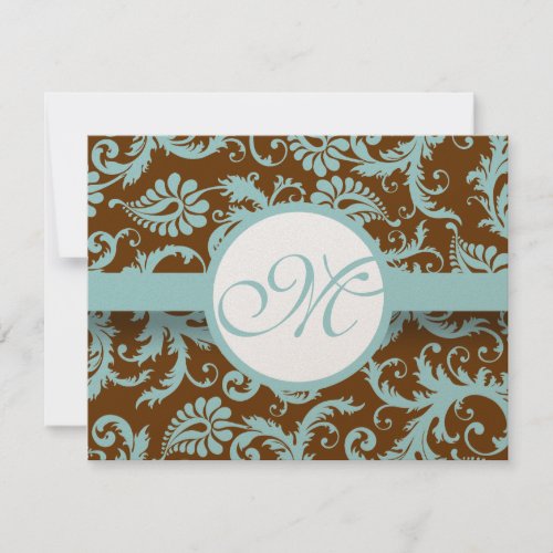 Aqua Blue Damask on Brown Wedding Invitation