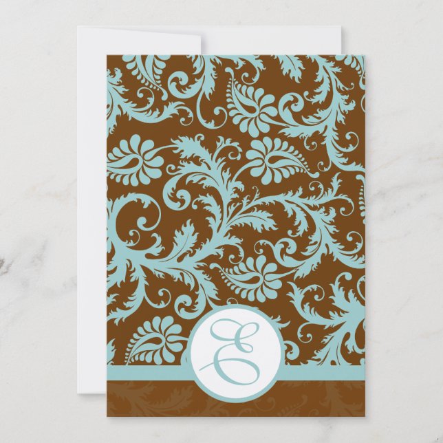 Aqua Blue Damask on Brown Wedding Invitation (Front)