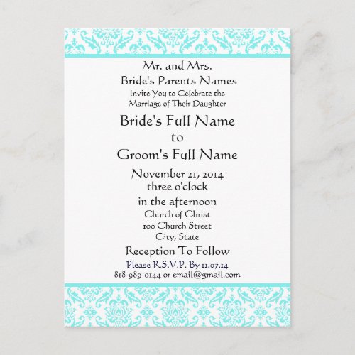 Aqua Blue Damask on White Wedding Invitation