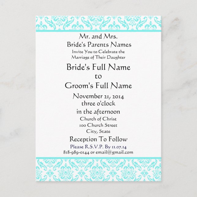 Aqua Blue Damask on White Wedding Invitation Postcard (Front)