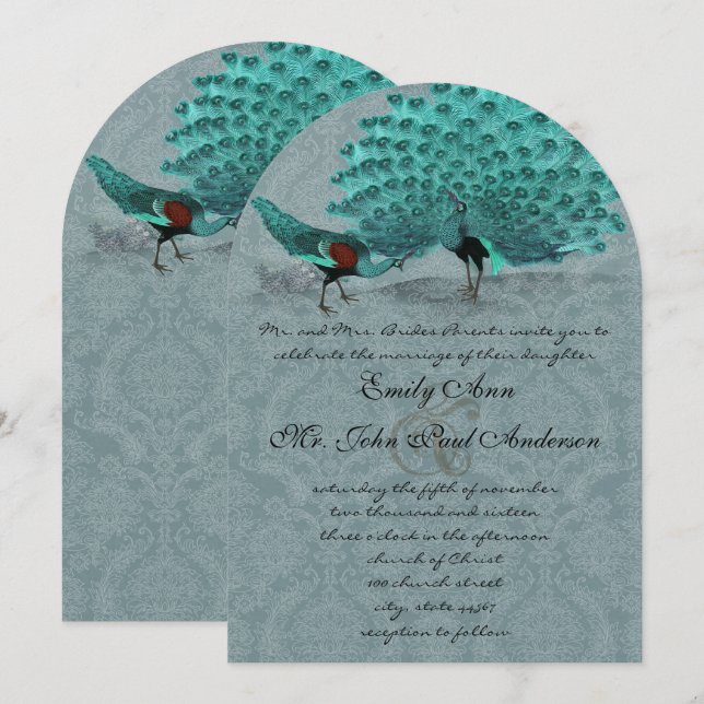 Aqua Blue Damask Peacock Metallic Elegance Invitation (Front/Back)