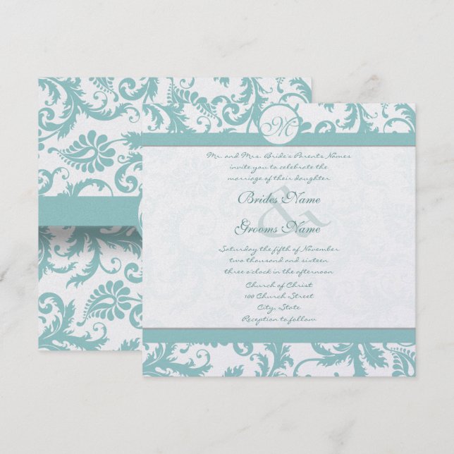 Aqua Blue Damask Swirls Wedding Invitation (Front/Back)
