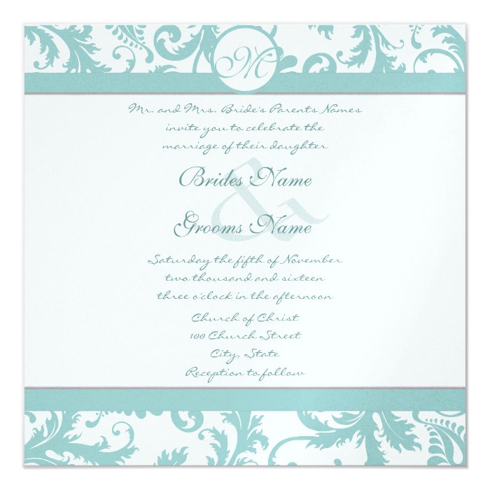 Aqua Blue Damask Swirls Wedding Invitation | Zazzle