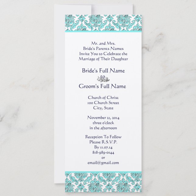 Aqua Blue Damask Swirls Wedding Invitation (Front)