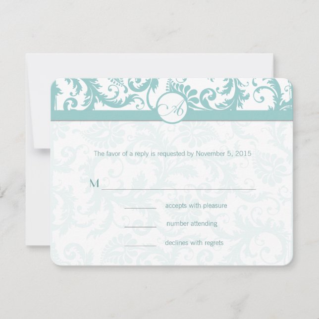 Aqua Blue Damask Swirls Wedding Invitation (Front)