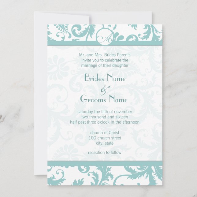 Aqua Blue Damask Swirls Wedding Invitation (Front)