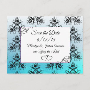 Aqua Blue Damask Wedding Save the Date Postcard