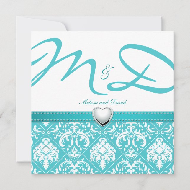 Aqua Blue Damask with Personalized Monogram Invitation (Front)