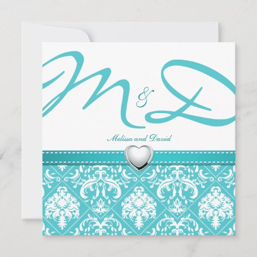 Aqua Blue Damask with Personalized Monogram Custom Announcements