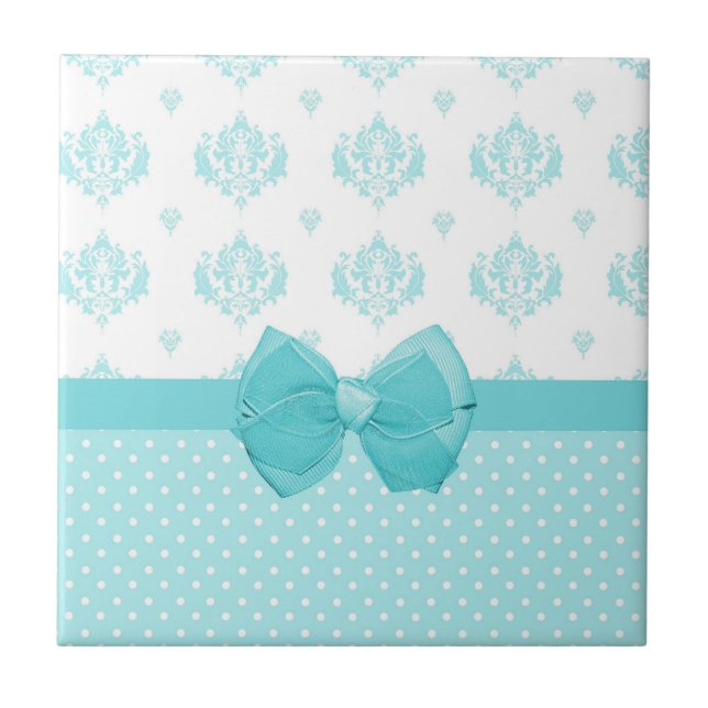 Aqua Blue Damask With Turquoise Ribbon Ceramic Tile (Front)