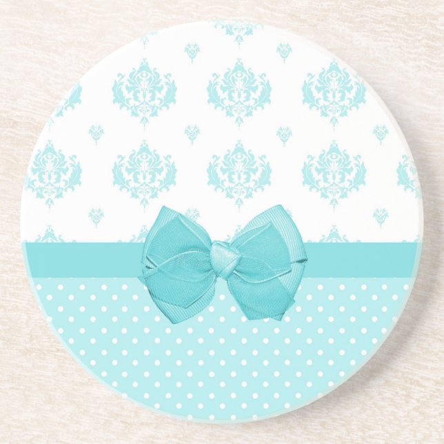 Aqua Blue Damask With Turquoise Ribbon Drink Coaster (Front)