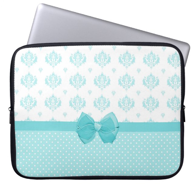 Aqua Blue Damask With Turquoise Ribbon Laptop Sleeve (Front)