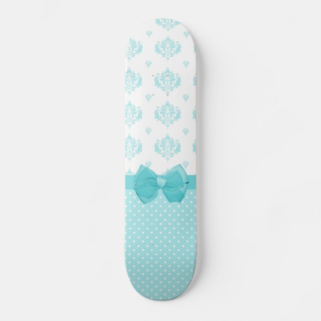 Aqua Blue Damask With Turquoise Ribbon Skateboard (Front)