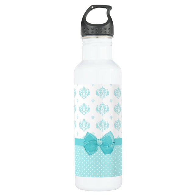 Aqua Blue Damask With Turquoise Ribbon Stainless Steel Water Bottle (Front)