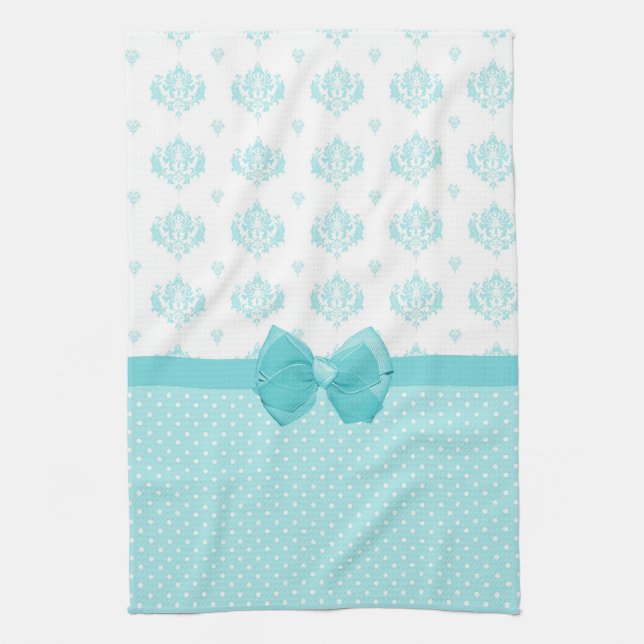 Aqua Blue Damask With Turquoise Ribbon Towel (Vertical)