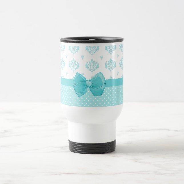Aqua Blue Damask With Turquoise Ribbon Travel Mug (Center)
