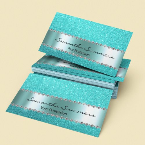 Aqua Blue Diamond Metal Elegant Glitter Business Card