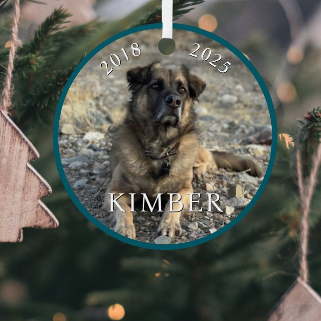 Aqua Blue Dog Photo Name Remembrance Pet Memorial Metal Ornament (Simple Dog Pet Memorial Remembrance Ornament with Name and Years for Him Her Gift after Pet Loss)