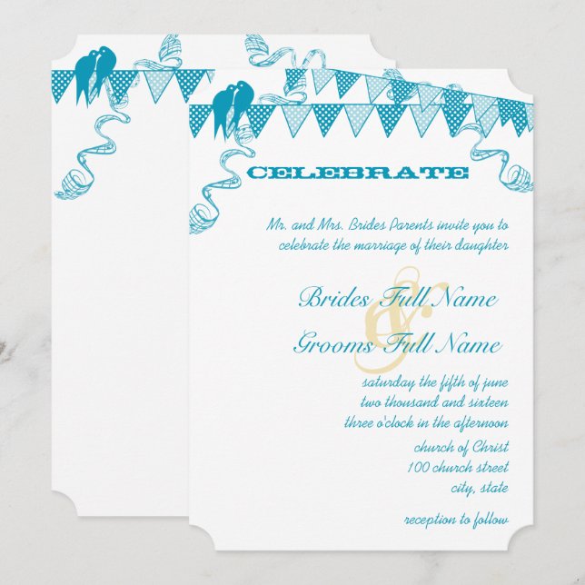 Aqua Blue Dots Bunting Pennant Wedding Invitations (Front/Back)