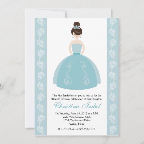 Aqua Blue Dress Brunette Quinceanera Invitations
