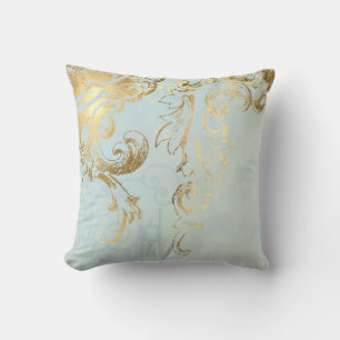 Aqua Blue Elegant Peacock Feathers Gold Scroll Art Throw Pillow
