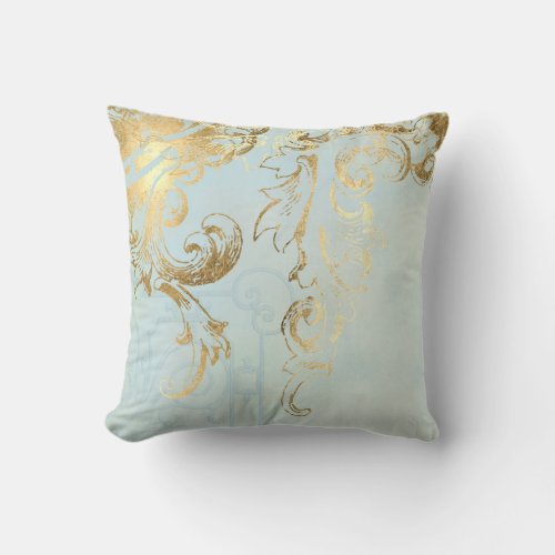 Aqua Blue Elegant Peacock Feathers Gold Scroll Art Throw Pillow