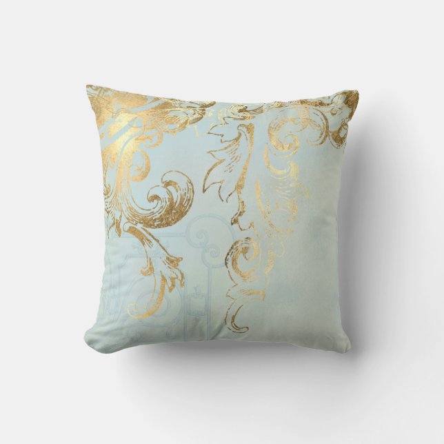 Aqua Blue Elegant Peacock Feathers Gold Scroll Art Throw Pillow (Front)