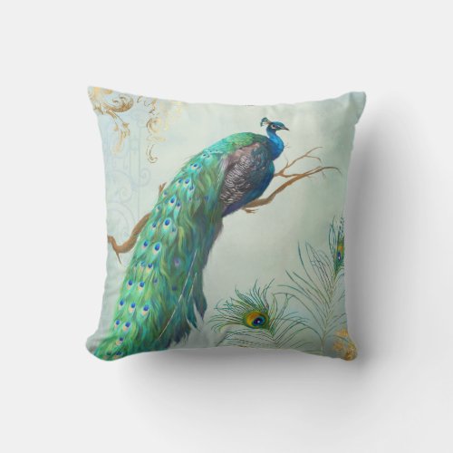 Aqua Blue Elegant Peacock Feathers Tree Branch Throw Pillow