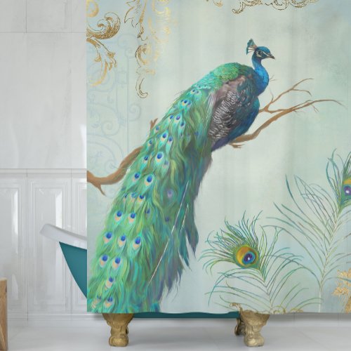 Aqua Blue Elegant Peacock n Feathers Tree Branch Shower Curtain