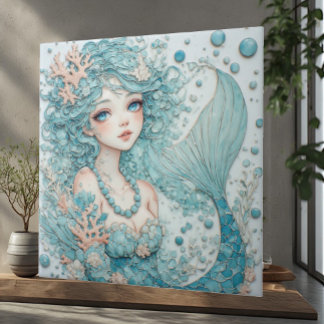 Aqua Blue Eye Mermaid Ocean Fantasy Bubbles Coral Ceramic Tile