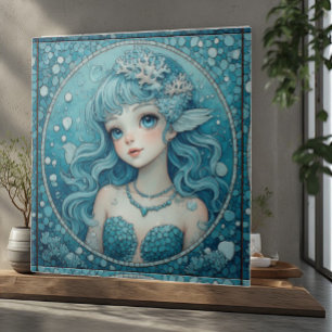 Aqua Blue Eye Mermaid Tropical Ocean Pebbles Coral Ceramic Tile