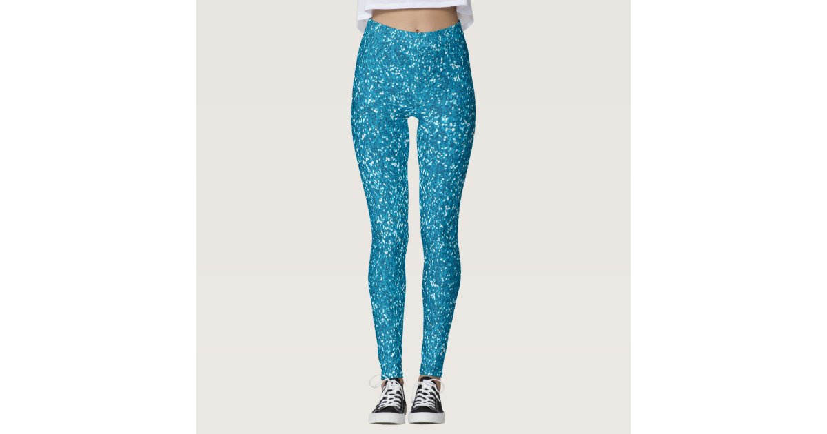Aqua Blue Faux Glitter Cute Workout Leggings