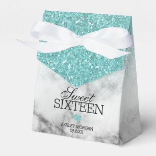 Aqua Blue Faux Glitter/Marble Sweet 16 Favor Boxes