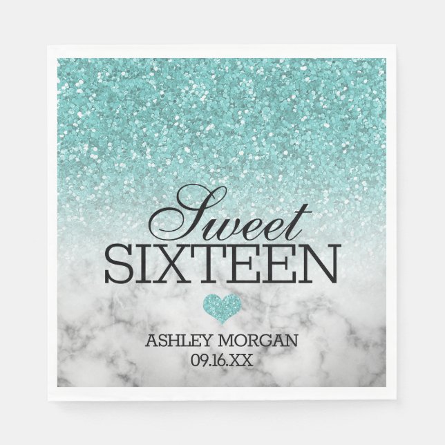Aqua Blue Faux Glitter/Marble Sweet 16 Napkins (Front)