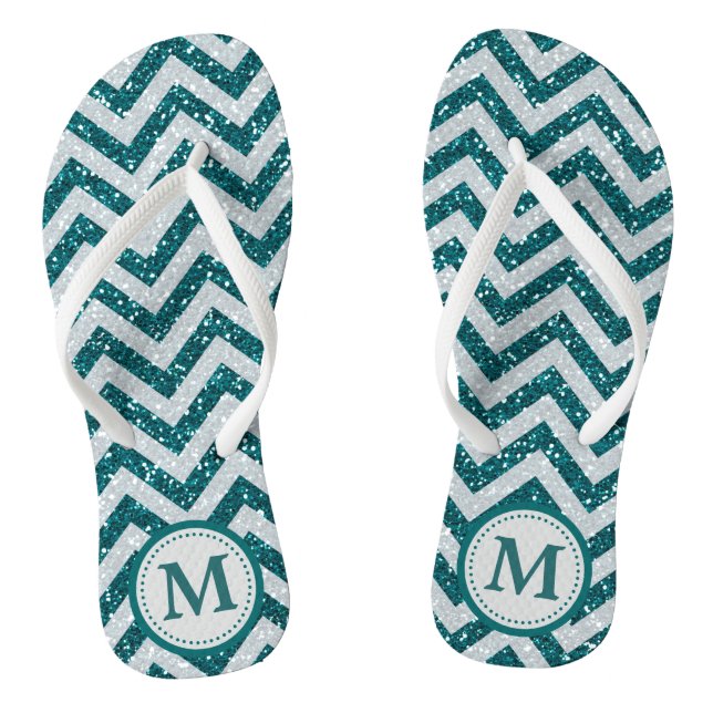 Aqua Blue Faux Glitter Monogram Flip Flops (Footbed)