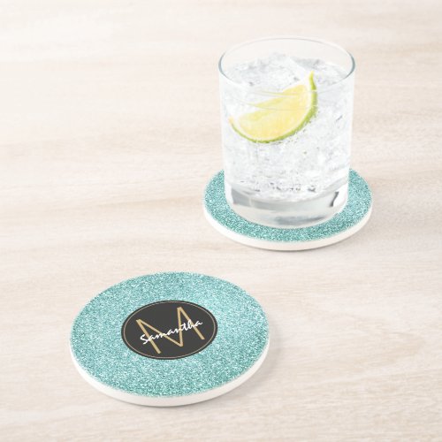 Aqua Blue Faux Glitter Name  Coaster