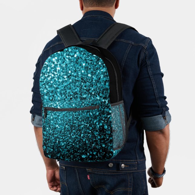 Aqua blue faux glitter sparkles and black printed backpack (Insitu (Model))