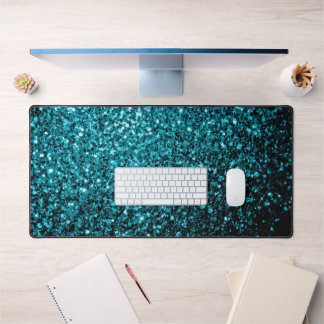 Aqua blue faux glitter sparkles desk mat