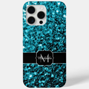 Aqua blue faux glitter sparkles Monogram iPhone 15 Pro Max Case