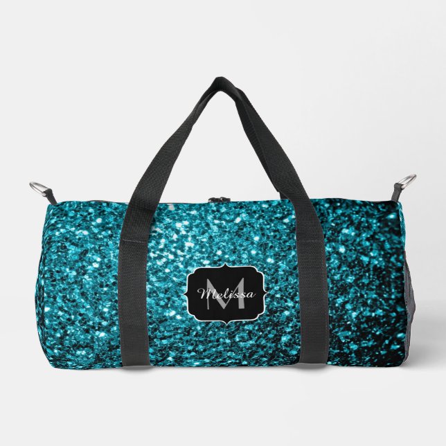 Aqua blue faux glitter sparkles Monogram Duffle Bag (Front)