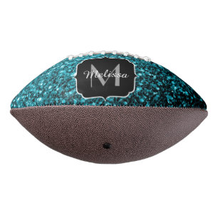 Aqua blue faux glitter sparkles Monogram name Football