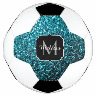 Aqua blue faux glitter sparkles Monogram name Soccer Ball