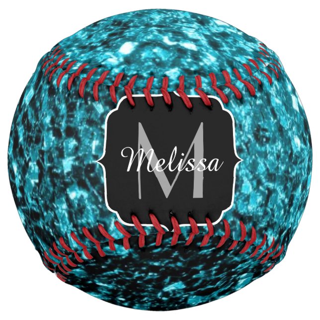 Aqua blue faux glitter sparkles Monogram name Softball (Front)