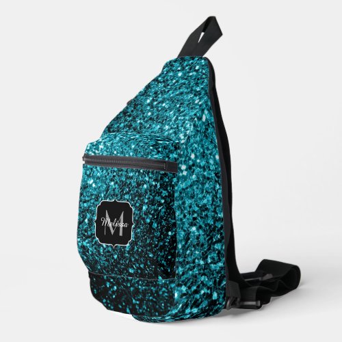 Aqua blue faux glitter sparkles Monogram Sling Bag