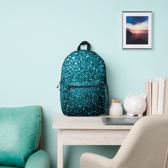 Aqua blue faux glitter sparkles printed backpack (Insitu)