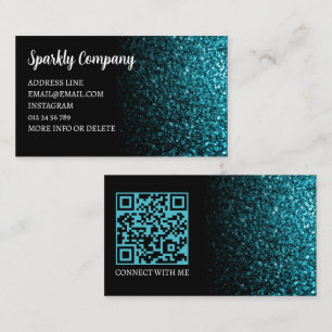 Aqua blue faux sparkle black elegant QR code Business Card