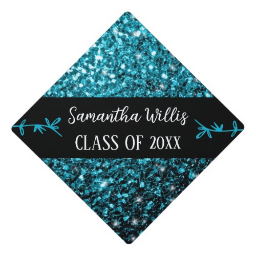 Aqua blue faux sparkles Custom name Class Graduation Cap Topper